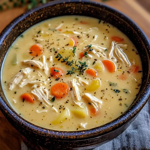 A hearty bowl of creamy soup loaded with chicken, carrots, potato chunks, and herbs, with sprigs of thyme on top.