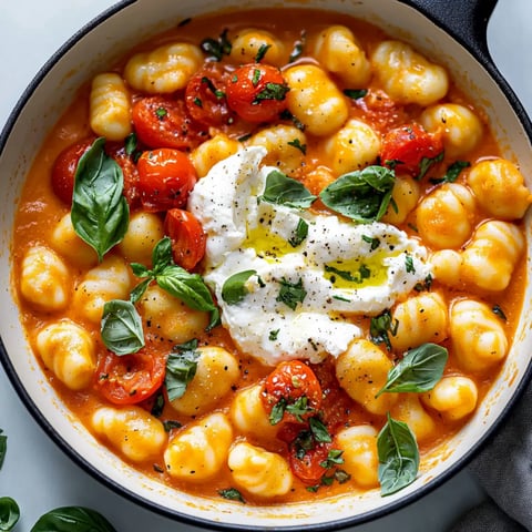 Creamy tomato gnocchi with fresh basil, cherry tomatoes, and a dollop of ricotta.