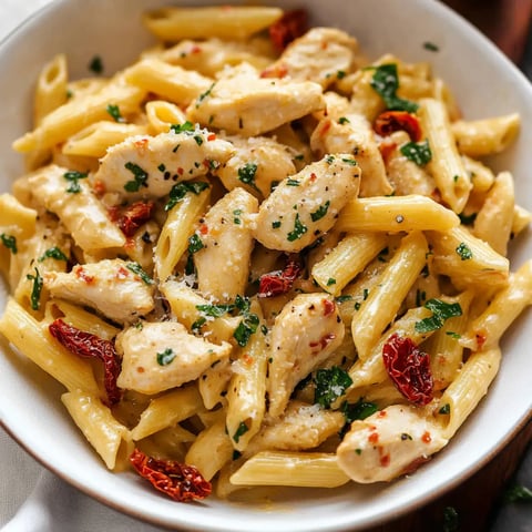 A creamy chicken pasta with penne, sun-dried tomatoes, and fresh parsley in a delicious sauce.