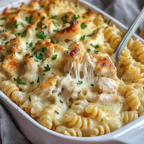 A cheesy, baked pasta with chicken and rotini topped with parsley.