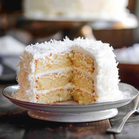 A soft and airy coconut cake topped with creamy frosting and shredded coconut goodness.