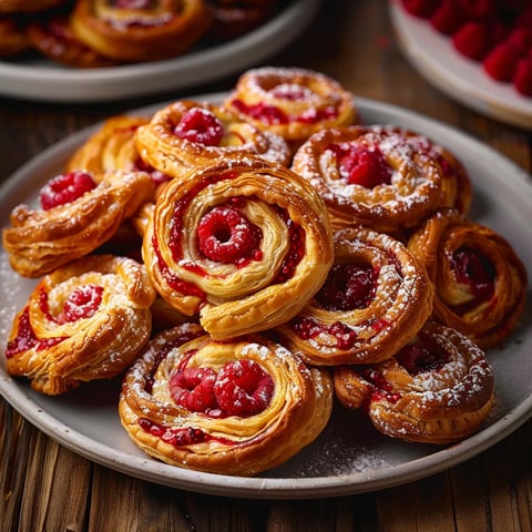 Golden raspberry palmiers made with puff pastry and a fruity-sweet mix inside.