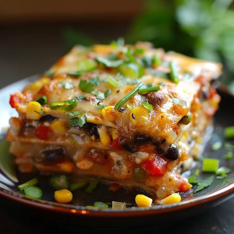 Vibrant vegetarian tortilla casserole with layers of beans, melted cheese, and seasoned veggies.