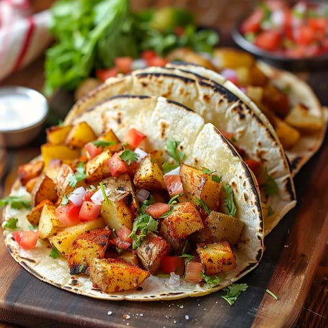 Soft tortillas stuffed with crispy and flavorful potatoes, topped with a tangy sauce.