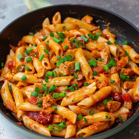 A creamy bowl of vegan Cajun pasta with fresh veggies and a rich sauce.