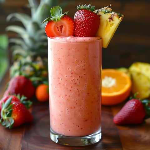 Chilled tropical smoothie with pineapple, mango, and strawberries.