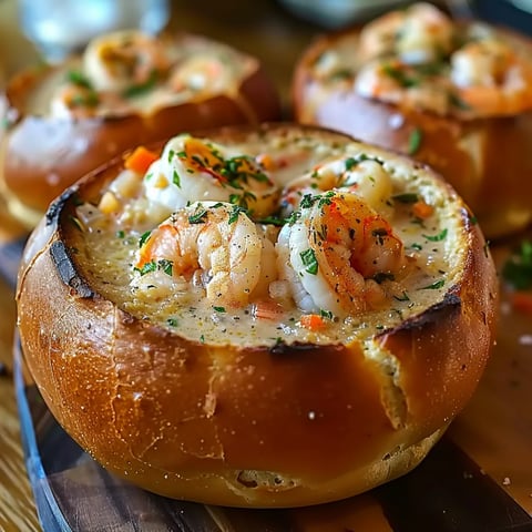 A warm seafood soup served in a crusty, golden bread bowl.