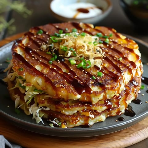 Golden Japanese okonomiyaki loaded with cabbage and topped with savory sauces.