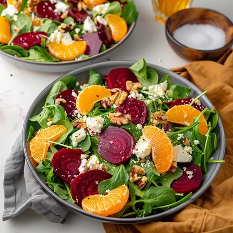 Bright and vibrant orange beet salad tossed in citrus dressing with earthy greens.