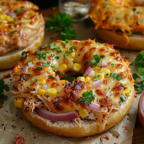 Golden tuna melt with gooey, bubbly cheese on a freshly toasted bagel.