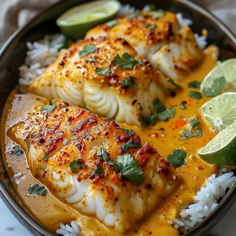 Soft, flaky cod in a delicious coconut curry sauce with vibrant herbs and spices.