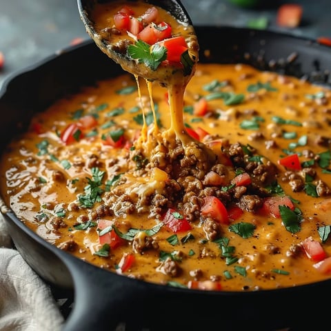 A dish of warm, cheesy beef queso topped with fresh tomatoes and cilantro, with tortilla chips on the side.