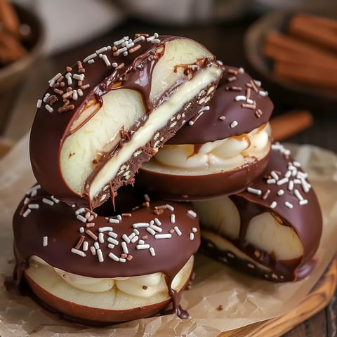 Slices of caramel-dipped apple coated in chocolate, garnished with nuts and decorative chocolate drizzle.