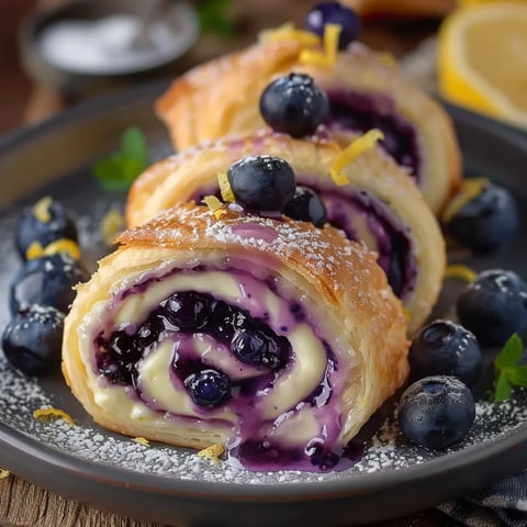 Fluffy blueberry cheesecake rolls with a creamy center and sweet drizzle on top.