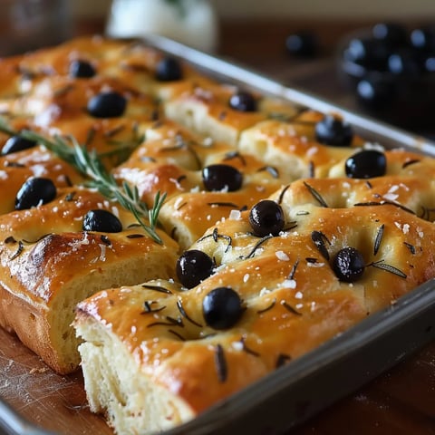 Golden-brown focaccia loaf baked in a tin, topped with olive oil and herbs.