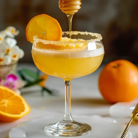 Refreshing drink with gin, honey, and citrus elegantly presented.