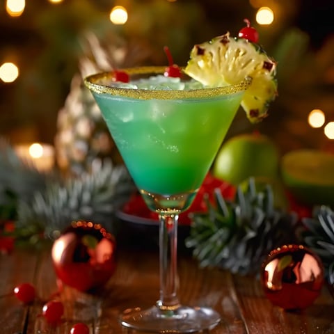 Tropical green cocktail inspired by the Grinch, topped with a cherry.