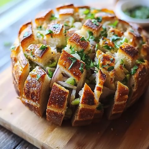 Pull-apart bread loaded with cheese and green onion seasoning, ready to serve.