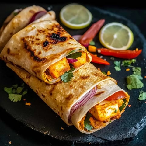 Soft roll stuffed with spiced paneer, crisp veggies, and tangy green chutney.