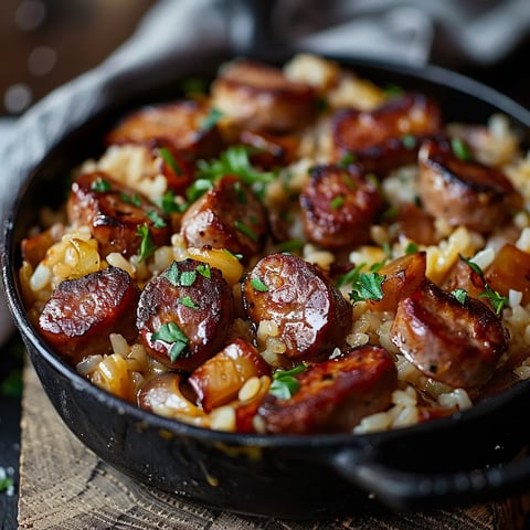 A bowl loaded with rice, sausage, and veggies.