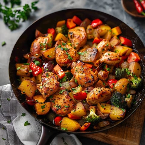 Pan with chicken pieces, vegetables, and herbs.