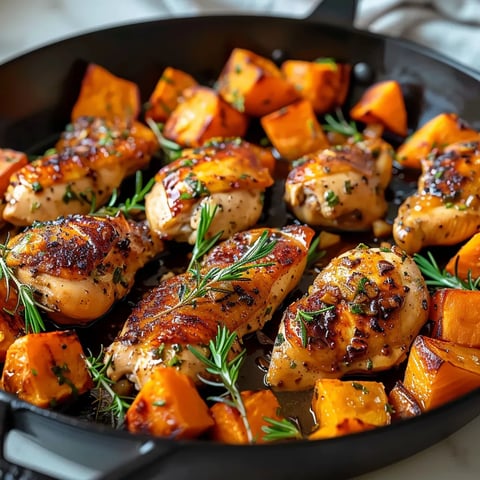 A skillet filled with chicken and vegetables.