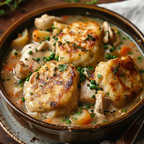 A cozy bowl of chicken soup with green peas and mushrooms.