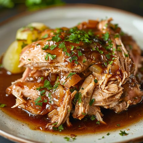 Meat dish topped with onions and herbs on a plate.