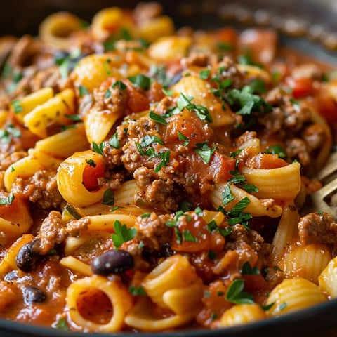 Pasta with ground meat and veggies on a plate.