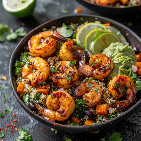 A bowl of shrimp and fresh toppings.