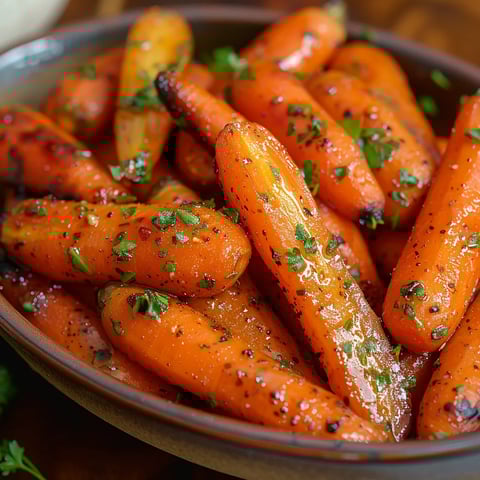 A bowl of carrots with herbs on top.