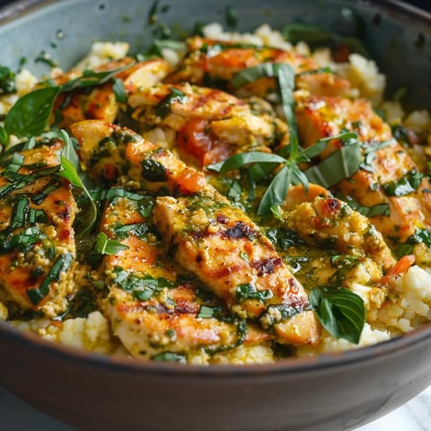 Chicken, veggies, and cauliflower rice in a bowl.