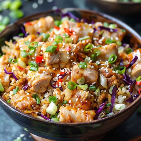 Chicken and crispy veggies packed in a bowl.