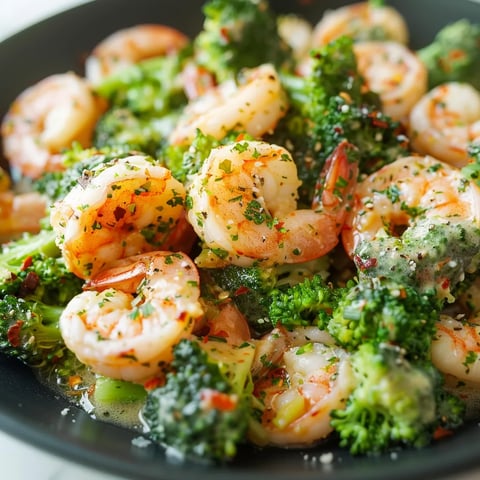Bowl with broccoli and shrimp together.