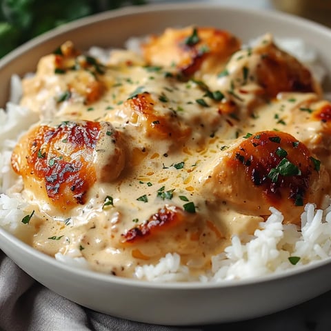 A bowl of rice with chicken and sauce.